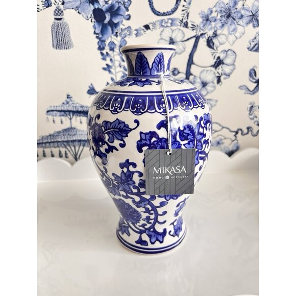 NWT Mikasa Home Accents Chinoiserie Vase 10"H x 6"W Blue & White Floral Elegant - Picture 1 of 9